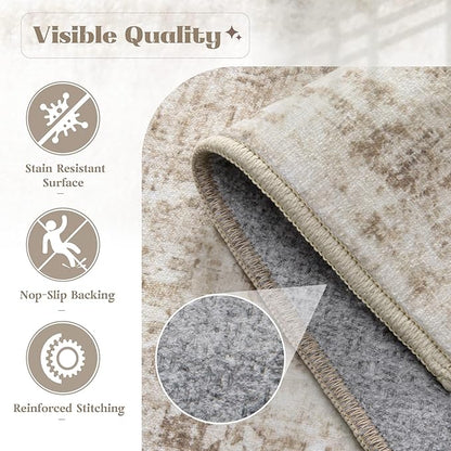 Area Rug 9x12 Washable Rug, Vintage Boho Medallion Rugs Non-Slip Soft Low Pile Large Distressed Rug Indoor Retro Carpet for Living Room Bedroom Dining Room Home Office (Brown, 9'x12')