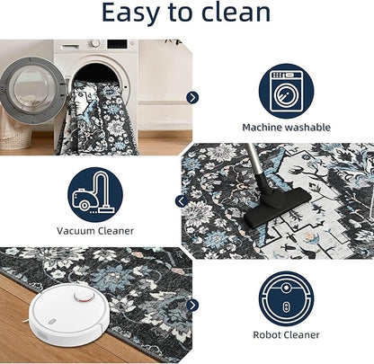 YJ.GWL Area Rugs for Living Room 4x6 Machine Washable Rugs for Bedroom, Non Slip Floral Vintage Rug Indoor Carpet, Stain Resistant Throw Rug for Dining Room Kitchen, Black Grey Blue