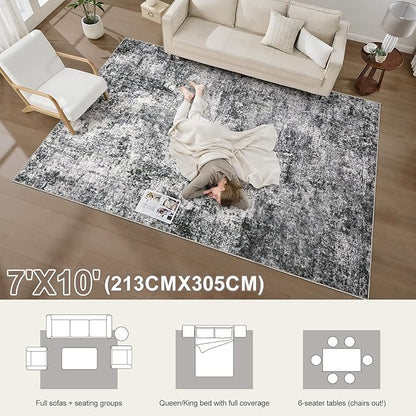 Area Rug Living Room Rugs - 7x10 Washable Large Soft Indoor Neutral Modern Abstract Low Pile Rug Carpet for Bedroom Dining Room Farmhouse Home Office - Grey