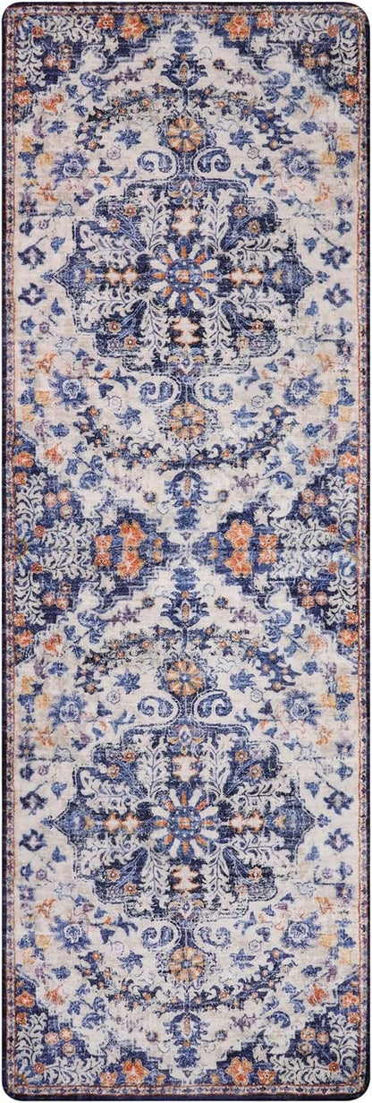 Lahome 2x6 Blue Washable Hallway Runner Rug, Bohemian Floral Medallion Kitchen Carpet Runner, Soft Non Skid Floor Runners for Bathroom Bedroom Vanity Office Sunroom
