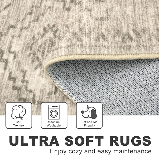 KILOCOCO Boho Entryway Rug 3x5 Area Rug Washable Non Slip Throw Rugs Soft for Kitchen Living Room Dining Bedroom Geometric Moroccan Carpet, Beige/Gray/Green