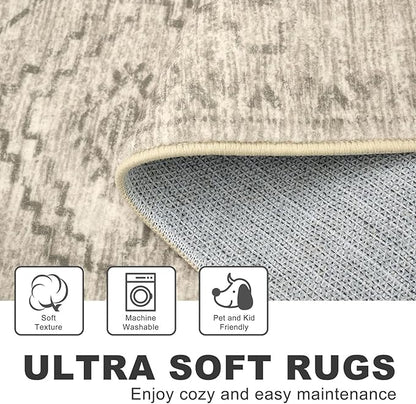 KILOCOCO Boho Entryway Rug 3x5 Area Rug Washable Non Slip Throw Rugs Soft for Kitchen Living Room Dining Bedroom Geometric Moroccan Carpet, Beige/Gray/Green