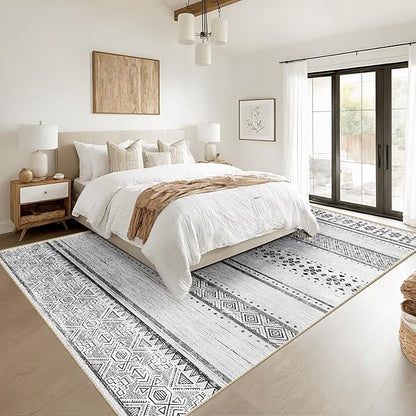 BESTSWEETIE 4x6 Area Rugs for Living Room Washable Moroccan Farmhouse Neutral Geometric Low Pile Non-Slip Soft Print Pattern Rug for Bedroom Kitchen Dining Room Entryway Grey/Black/Navy