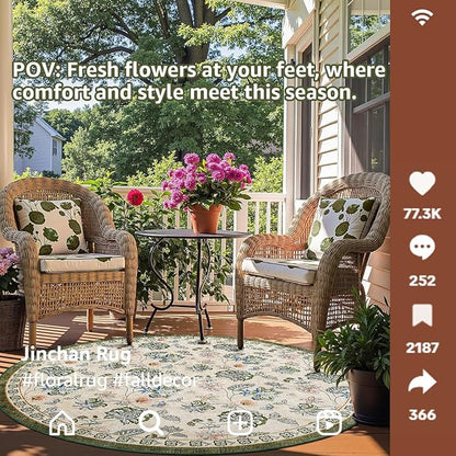 jinchan Elora 8ft Floral Round Rug for Dining Room Washable Living Room Rug Vintage Romance Design Non Slip Indoor Floor Cover Lightweight Low-Profile Throw Carpet for Bedroom Porch Patio, Green/Beige