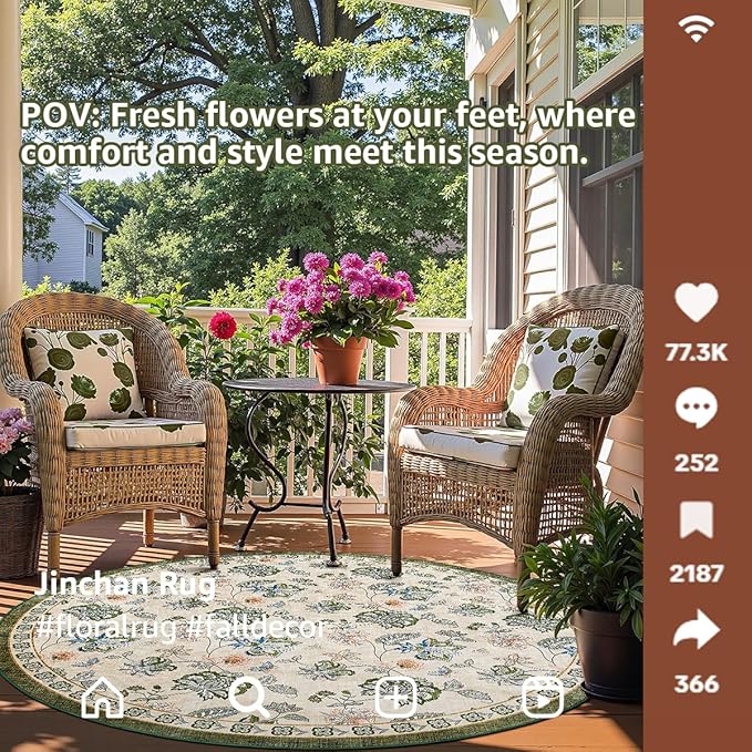 jinchan Elora 5ft Floral Round Rug for Entryway Washable Kitchen Rug Vintage Romance Design Non Slip Indoor Doormat Lightweight Low-Profile Throw Carpet for Living Room Dining Room, Green/Beige