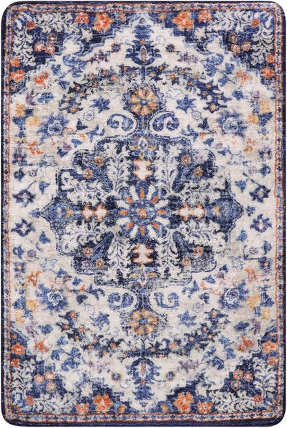 Lahome Bohemian Floral Medallion Area Rug - 2x3 Blue Small Kitchen Rug Machine Washable Front Door Rug, Soft Non Slip Indoor Floor Throw Carept for Bedroom Bathroom Mud Room Entry Way