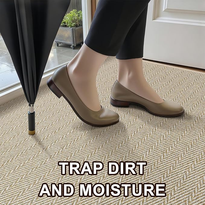 Ultra Thin Door Mat Indoor Entrance 17"x29", Low-Profile Indoor Door Mat, Non Slip Entry Mat Rubber Backing Unique Herringbone Design Inside Doormat Dirt Trapper Entryway Mats, Beige