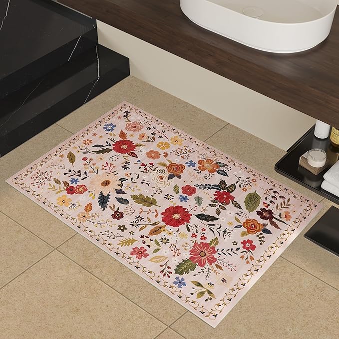 2x3 Washable Rug for Entryway, Floral Soft Small Area Rug, Non Slip Doormat Indoor Entrance Carpet, Flower Low Pile Front Door Throw Rug for Bedroom, Kitchen, Laundry, Bathroom, Pink/Beige