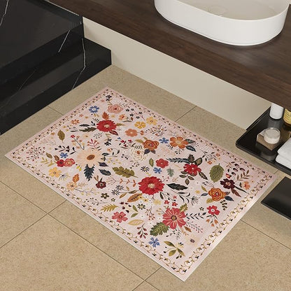 2x3 Washable Rug for Entryway, Floral Soft Small Area Rug, Non Slip Doormat Indoor Entrance Carpet, Flower Low Pile Front Door Throw Rug for Bedroom, Kitchen, Laundry, Bathroom, Pink/Beige
