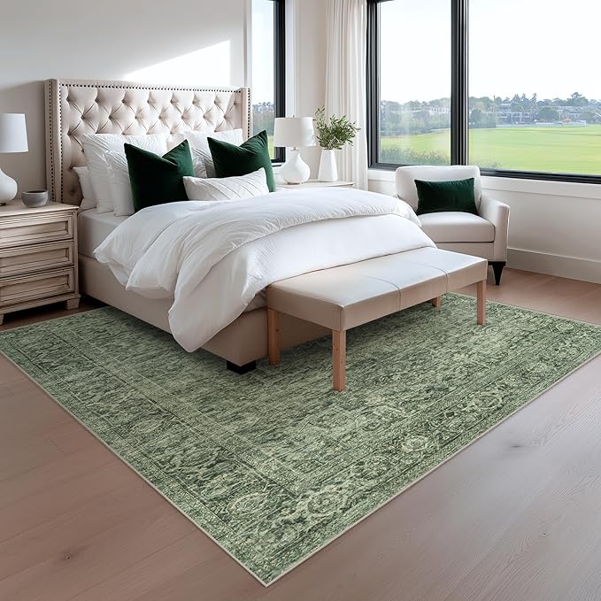 FMFUNCTEX 5x7 Washable Area Rug Green Neutral Vintage Distressed Oriental Non Slip Low Pile Traditional Indoor Carpet for Living Room Bedroom Soft Retro Throw Rug for Dining Office Kitchen Entryway