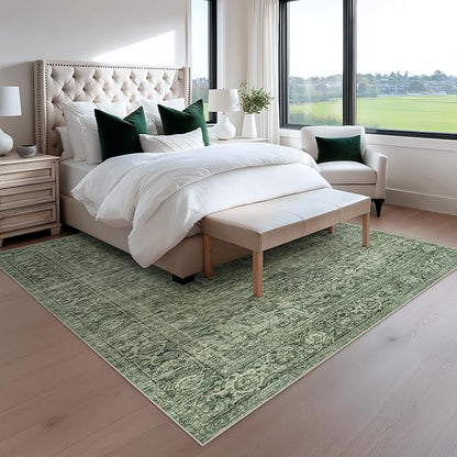 FMFUNCTEX 6x9 Washable Area Rug Green Vintage Neutral Distressed Oriental Large Non Slip Carpet for Living Room Bedroom Soft Low Pile Indoor Mat Retro Throw Rug for Dining Room Kitchen Office Nursery