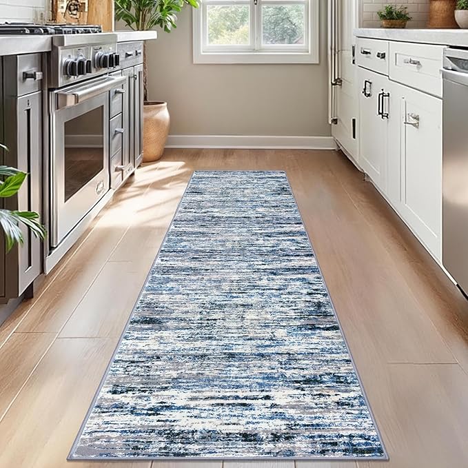 Modern Abstract Bedroom Runner Rug 2x7, Grey Blue White Washable Kitchen Runner, Non-Slip Soft Thin Faux Wool Mat for Entryway, Hallway, Laundry Room, Indoor Home Decor