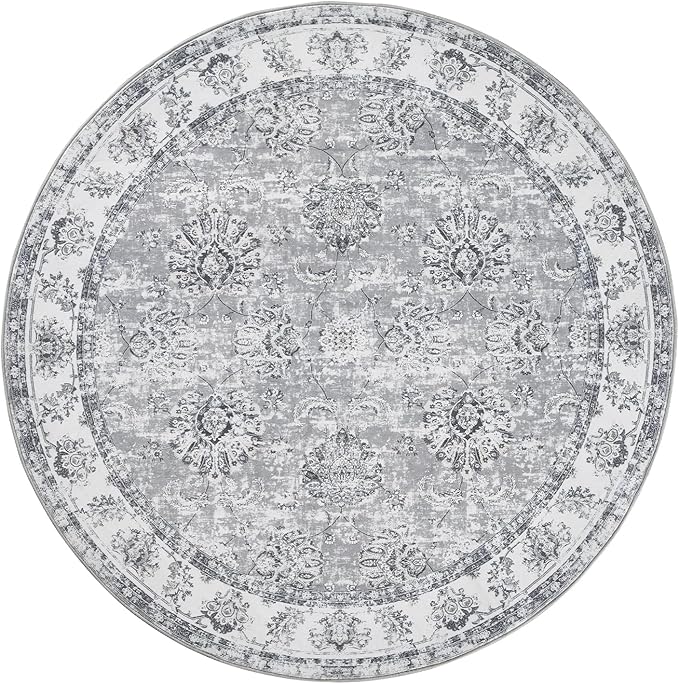 jinchan Fiora Round Rug 6ft Area Rug - Grey Vintage Floor Mat Indoor Ultra-Thin Soft Floral Print - Washable Circle 6' Retro Accent for Farmhouse Non Slip Dining Room Living Room Bedroom Office