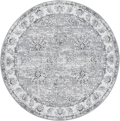 jinchan Fiora Round Rug 5ft Area Rug - Indoor Vintage Hallway Circle 5' Washable - Ultra-Thin Low Pile Soft Small Non Slip Distressed Floral Print for Living Room Dining Room Bedroom Entryway Grey