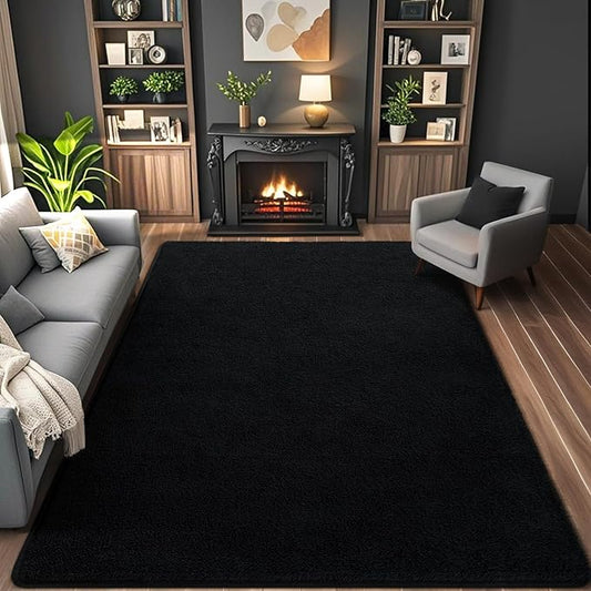 AROGAN Modern Shag Area Rug for Bedroom, 4x6 Feet Washable for Living Room, Indoor Floor Carpet, Plush Memory Foam Bedside for Kids Girls Teens Room, Low Pile Decor, Black