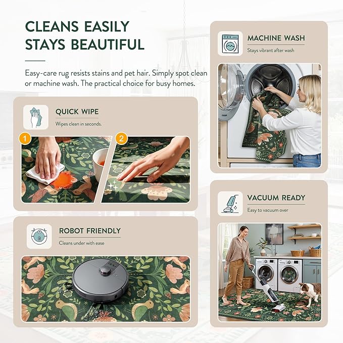 Moynesa Living Room Rug 5x7, Washable Modern Cottage Green Area Rugs for Bedroom Dining Room, Farmhouse Aesthetic Floral Bird Print Carpet, Vintage Home Decor Open Floor Areas Non-Slip Protection