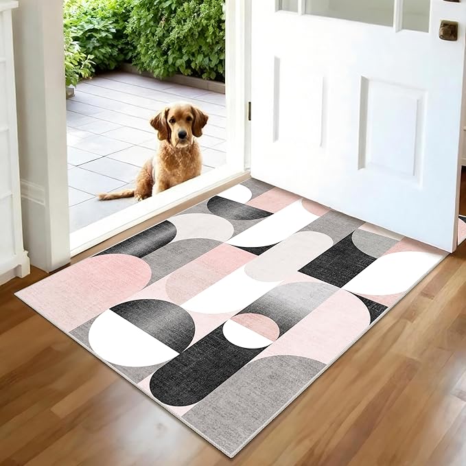 Small Rugs 2x3 Pink Rug for Entryway Bathroom Kitchen Entrance Doormat,Modern Washable Boho Accent Floor Throw Carpet Non Slip,Blush Grey Black