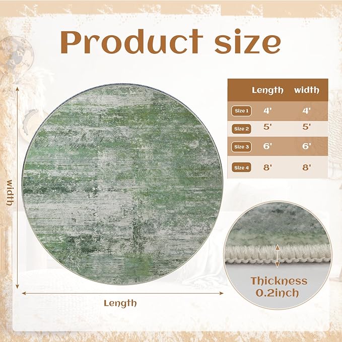 Round 5ft Abstract Rug, Modern Washable Indoor Circle Area Rugs for Living Room, Soft Circular Non-Slip Carpet Floor Mat for Entryway Dining Room Home Office - Abstract Sage Green