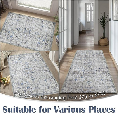 jinchan Kalen Runner Rug 2x5 Washable Area Rug Soft Vintage Hallway Indoor Floor Mat Thin Retro Distressed Carpet Blue Floral Print Country Accent Non Slip Bathroom Kitchen Bedroom Living Room