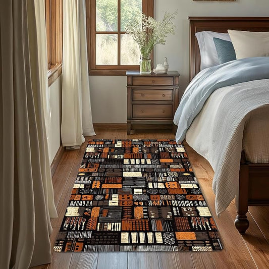 African Style Brown Orange Area Rug for Living Room, Non-Slip Backing Low Pile Modern Abstract Rug for Indoor Use, 3x5 Washable Carpet