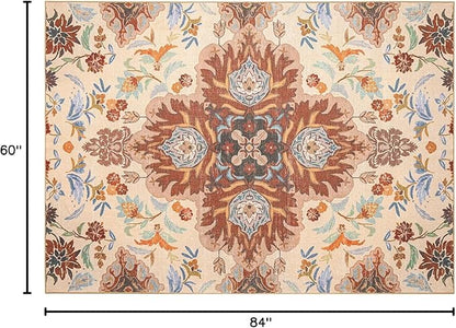 Phantoscope Washable Area Rug 5'x7' Non-Slip, Vintage Boho Rugs for Living Room, Bedroom, Dining Room, Fall Orange Floral Medallion Pattern, Low-Pile Foldable Floor Carpet, Rust/Multi Floral