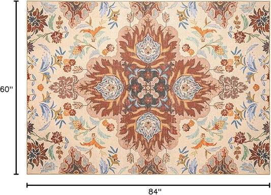 Phantoscope Washable Area Rug 5'x7' Non-Slip, Vintage Boho Rugs for Living Room, Bedroom, Dining Room, Fall Orange Floral Medallion Pattern, Low-Pile Foldable Floor Carpet, Rust/Multi Floral