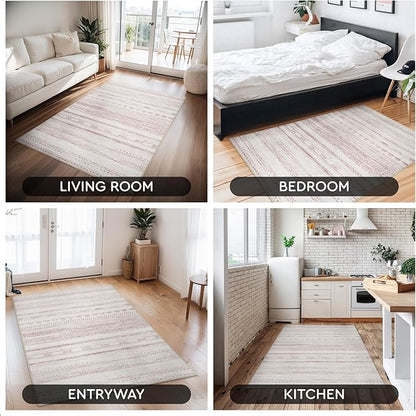 3x5 Pink Area Rug Machine Washable Non Slip Rug Distressed Neutral Moroccan Boho Rug Ultra Soft Indoor Rugs for Bedroom Living Room Entryway Kitchen Foyer Bedside