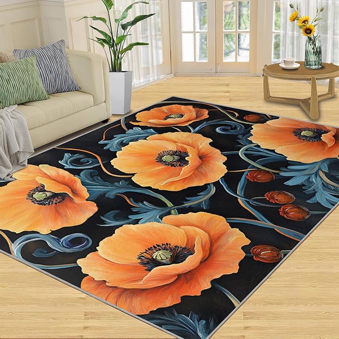 6x9 Poppy Living Room Rug - Retro Florals Art Bedroom Carpet, Rustic Flowers Art Classroom Rug for Carpet Boy Bedroom Office Nursery Hardwood Home Decor