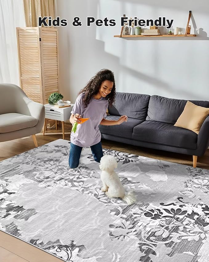 Washable Abstract Rug, 5x7 Classic Grey and White Floral Area Rugs with Non-Slip Rubber Backed for Bedroom, Low Pile Modern Throw Carpet Kitchen Living Room Decor