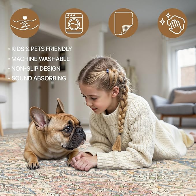GENIMO Area Rug 2x3 Doormat, Machine Washable Low Pile Rugs, Small Retro Chenille Entryway Mat for Entrance, Hallway, Kitchen and Corridor, Beige Cream