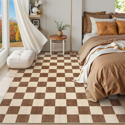 Machine Washable 5x7 Area Rugs for Living Room Checkered, Non Slip Soft Low Pile Farmhouse Geometric Modern Neutral Playroom Boys Rugs for Bedroom, Large Carpet Rugs for Dining Room(Dark Brown,5'x7')