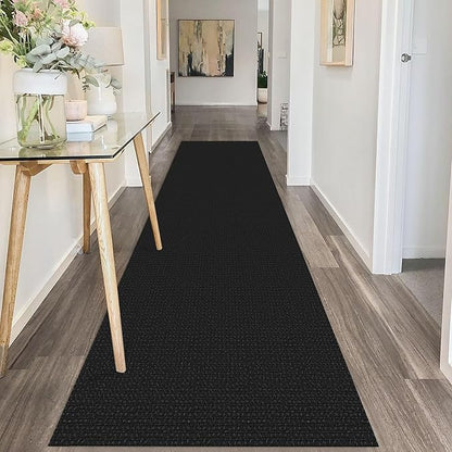 IOHOUZE Washable Runner Rug 2.6x10 Non Slip Rubber Backed Long Hallway Runner Entryway Runner Indoor, Kitchen Rugs Woven Cotton Floor Carpet for Hall Entrance, Black/Grey