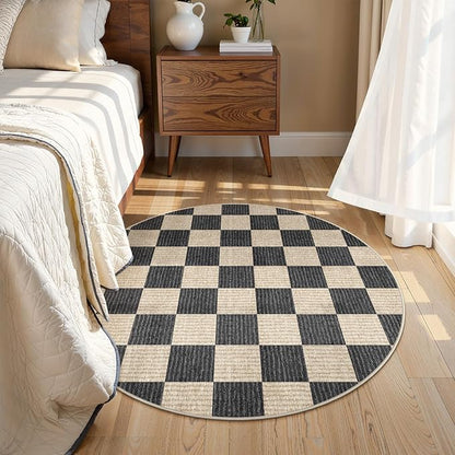 LIVEBOX Checkered Round Rug 4 Ft Washable Area Rug for Playroom, Kids Non-Slip Neutral Classic Circle Rug Geometric Large Carpet Soft Boys Rug for Classroom Dorm Bedroom(Black,120R)