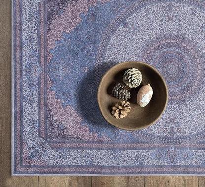 GLN Rugs Traditional Collection - Machine Washable Area Rug, Traditional Washable, Non Slip, Low Pile Chenille Rug, Living Room, Bedroom, Kitchen Rug (2'6" x 7' Navy/Off White)