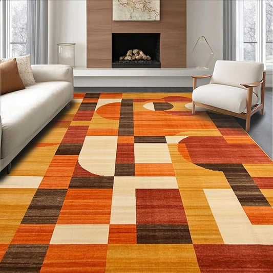 Flatwoven High Traffic Area Rug 6x9, Orange Rust Copper Abstract Geometric Shape, Non Slip, Stain Resistant, Washable Area Rugs for Living Room, Bedroom (Orange, 6x9)