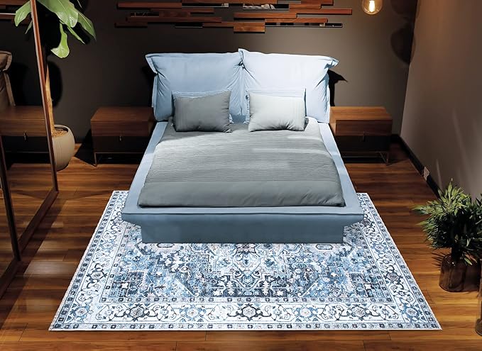 Bloom Rugs Caria Washable Non-Slip 4x6 Rug - Navy Blue Traditional Area Rug for Living Room, Bedroom, Dining Room, and Kitchen - Exact Size: 4' x 6'