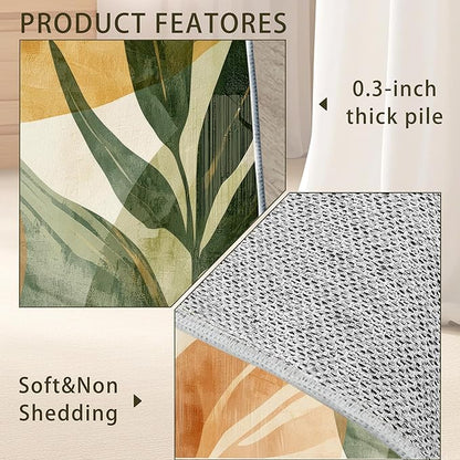 Boho Tropical Leaves Washable Living Room Area Rug, Low Profile Abstract Pattern, Non-Slip Backing Carpet for Kitchen, Bedroom, Dining Room