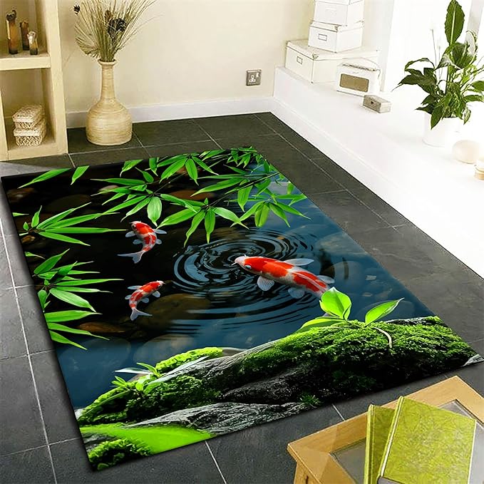 Pond Koi Fish Living Room Rug, 4x6ft, Summer Greenery Moss Stream Indoor Decor Carpet, with Non-Slip Backing Absorbent Thin Mat, Soft Easy Clean Washable Rugs for Office Entryway