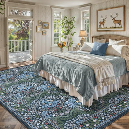 Lahome Floral Washable Rugs 8x10, Soft 8x10 Area Rugs for Living Room Bedroom, Boho Non-Slip Blue Forest Design Large Throw Carpet for Farmhouse Dining Room Office, Blue