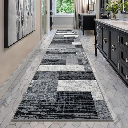 Indoor Runner Rug, Washable Runner Rug with Rubber Backing, Modern Geometric Patchwork Aesthetic Carpet for Bedroom, Living Room, Hallway, Entryway, Washable Rugs Rockwood Collection, 2.7x10 Ft Grey