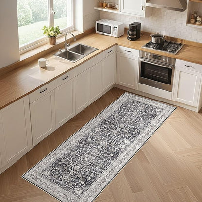 Runner Rug Kitchen Washable Rugs: 3x8 Non-Slip Boho Vintage Distressed Stain Resistant Indoor Floor Moody Oriental Throw Carpet for Hallway Bathroom Laundry Room Entryway Bedroom- Black