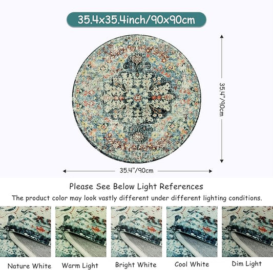 Lahome Bohemian Floral Medallion Round Rug - 3Ft Small Bedroom Round Area Rug Soft Bathroom Circle Mat, Teal Vintage Non Slip Machine Washable Entryway Carpet for Nursery Kitchen Family Room