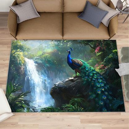 Peacock Rugs for Bedroom - 3x4 Rug, Peacock Decor Area Rugs for Living Room, Natural Landscapes Carpet, Waterfall Washable Area Mat, Aesthetics Carpet - Peafowl Home Decor & Gifts