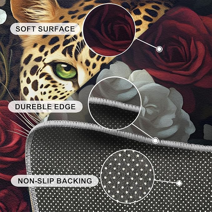 Leopard Rugs for Bedroom - 6x9 Area Rug - Flowers Leopard Rugs for Living Room, 3D Flowers Animal Rug, Washable Home Decor Carpet