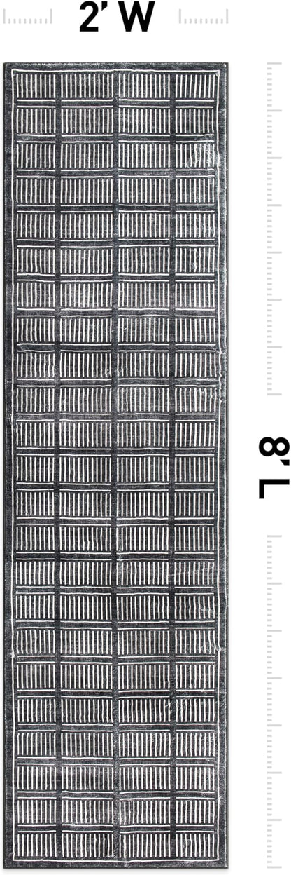 Rugshop Bohemian Stripe Lines Washable Non Slip Runner Rug 2' x 8' Black