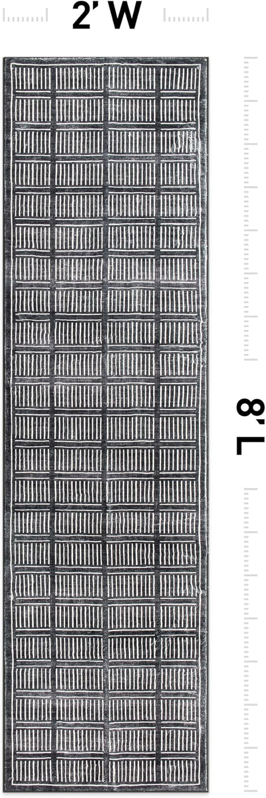 Rugshop Bohemian Stripe Lines Washable Non Slip Runner Rug 2' x 8' Black