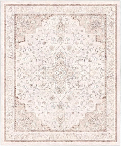 Marsail 8x10 Machine Washable Area Rug, Soft & Slip-Resistant Large Area Rug with Reinforced Bound Edges, Vintage Short-Pile Washable Rug with Floral Pattern for Living Room, Dinning Room and Bedroom