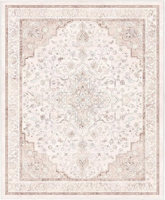 Marsail 5x7 Machine Washable Area Rug, Soft & Slip-Resistant Large Area Rug with Reinforced Bound Edges, Vintage Short-Pile Washable Rug with Floral Pattern for Living Room, Dinning Room and Bedroom