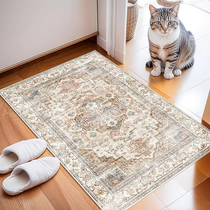 Enkor Area Soft Rugs 2x3 Washable Non Slip Boho Small Floor Entryway Rugs for Hallway, Vintage Style Farmhouse Mat for Kitchen Beige & Brown