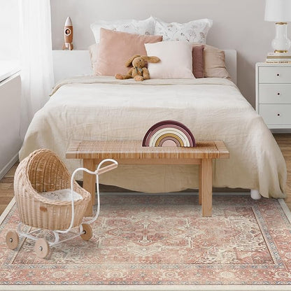 RUGGABLE Washable Area Rug – Kamran Rose Pink 3x5, Stain-Resistant, Non-Slip – Small Machine Washable Rugs for Living Room, Bedroom, Hallway, Entryway & Office–with Cushioned Pad